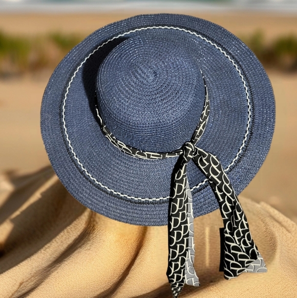 Elegant Blue Women's Hat with Black and White Ribbon - Picture 1 of 2